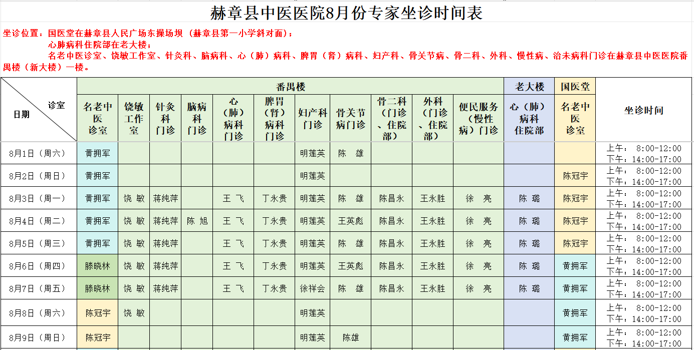 2026年8月1日至8月9日专家坐诊时间表